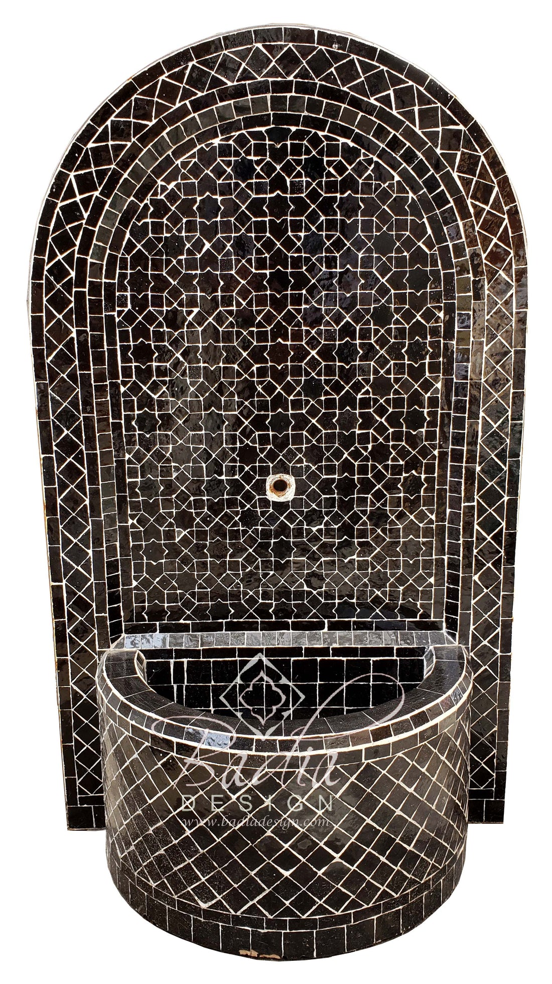 Black Moroccan Mosaic Tile Water Fountain with an Arch Top