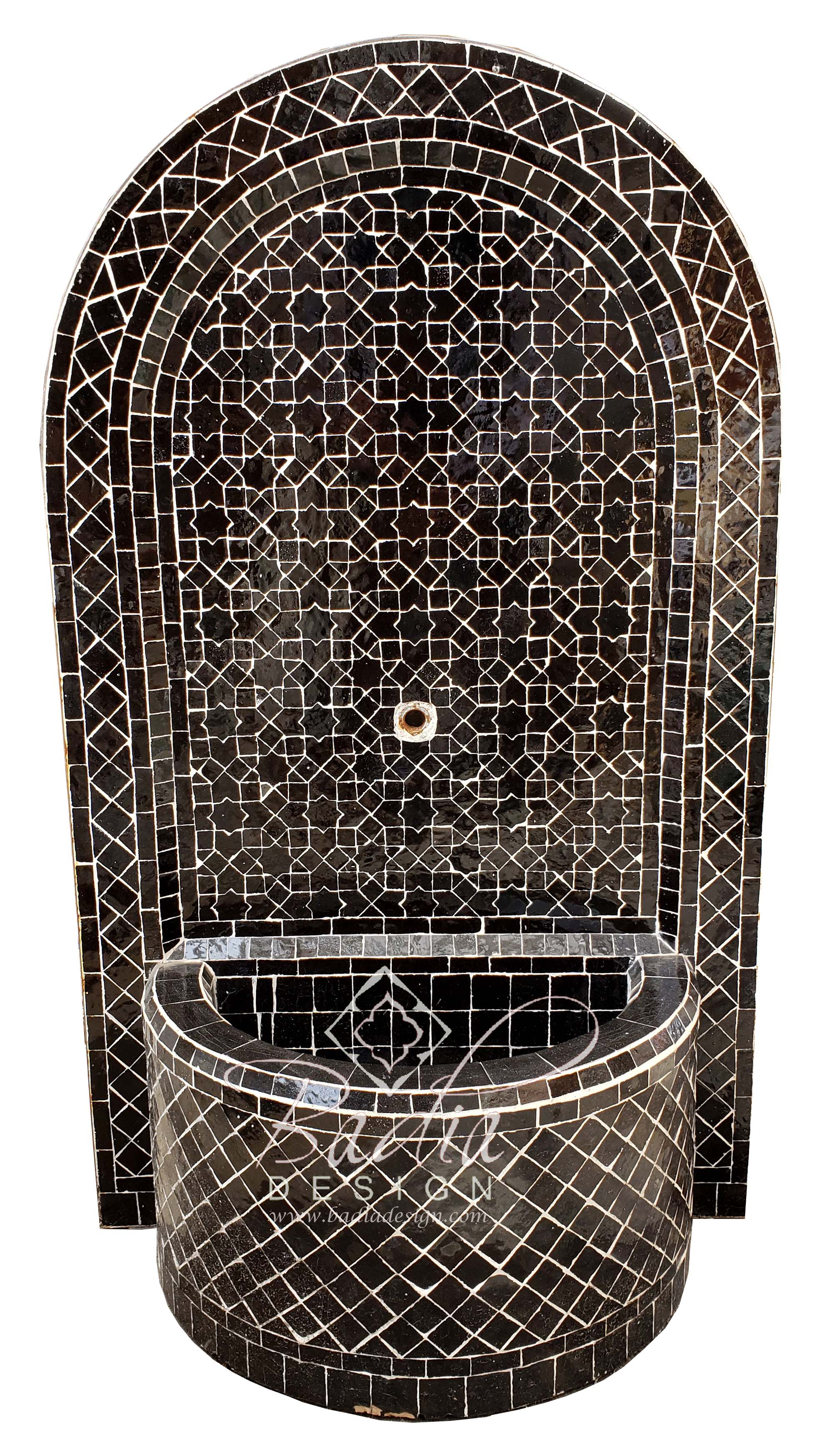 Black Moroccan Mosaic Tile Water Fountain with an Arch Top