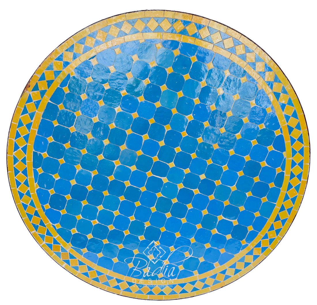 Light Blue and Yellow Round Moroccan Tile Table Top