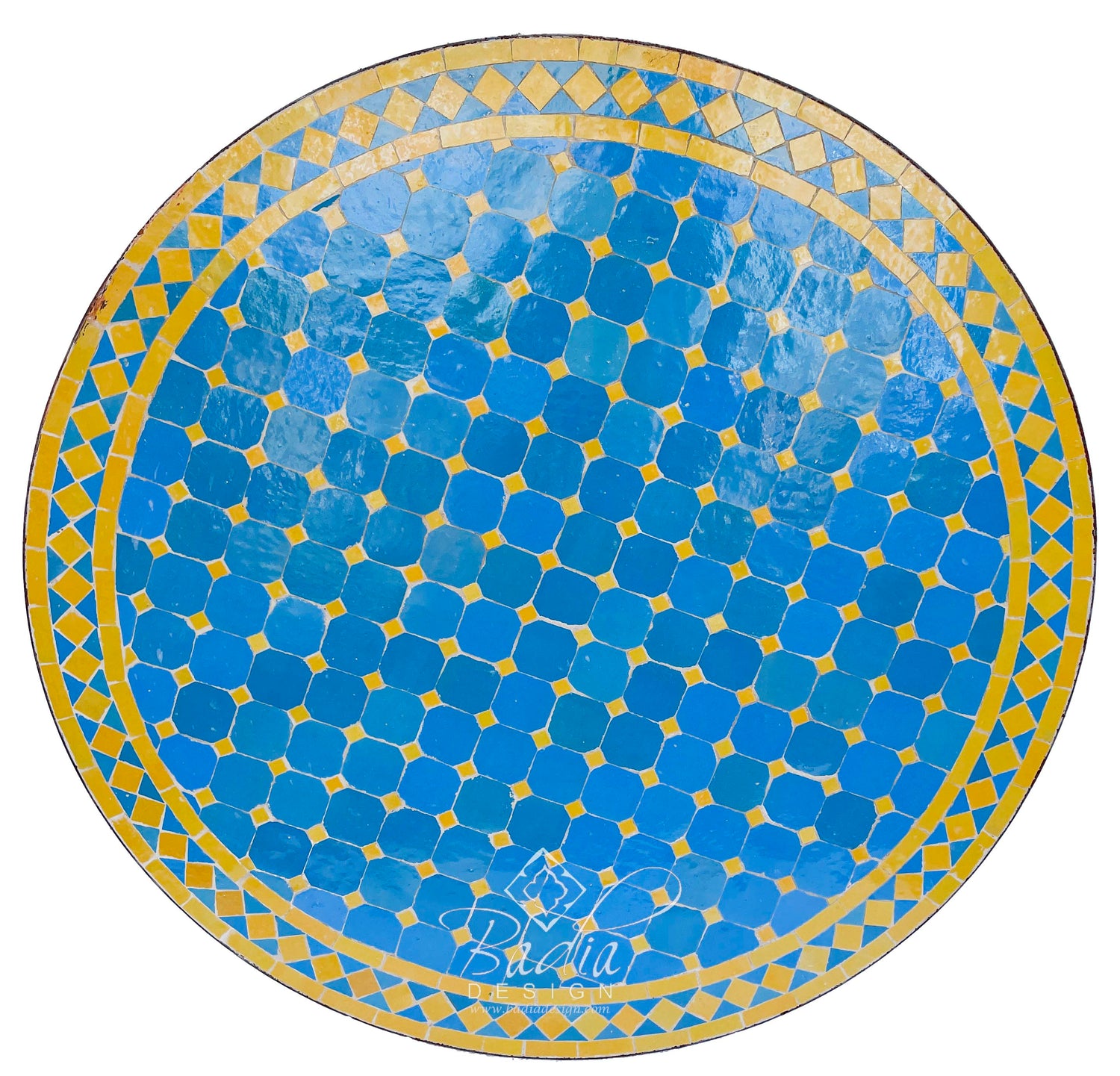 Light Blue and Yellow Round Moroccan Tile Table Top