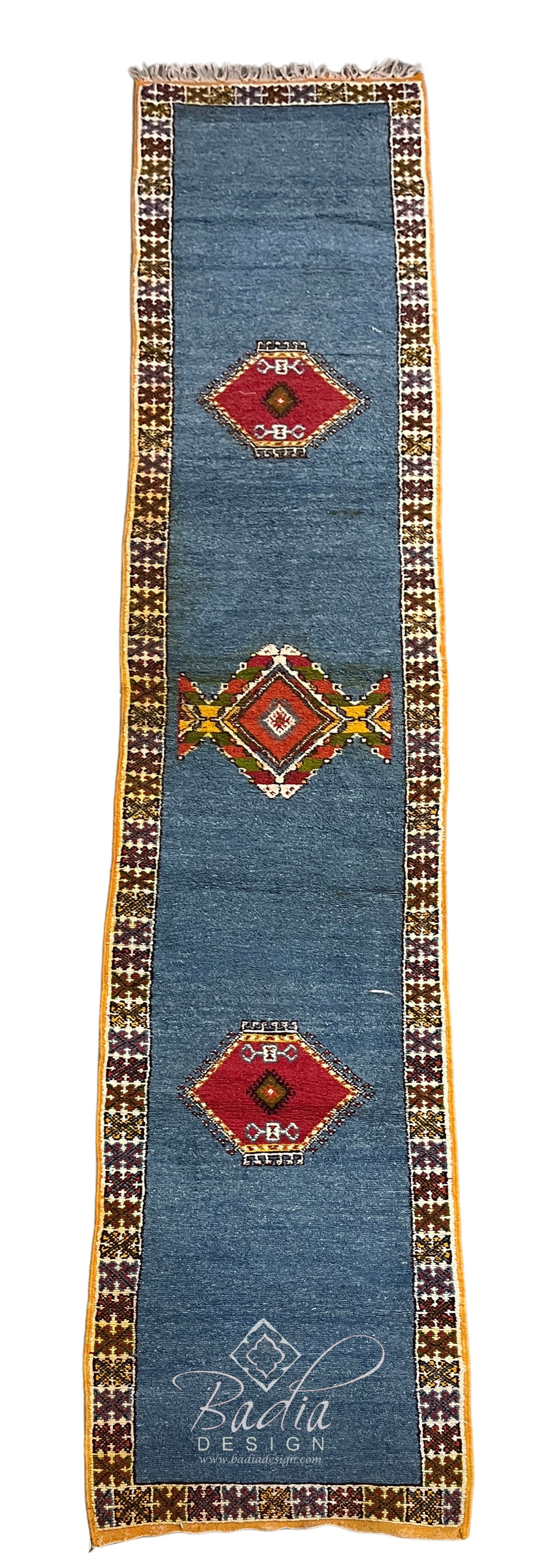 Blue Moroccan Runner Rug with Red Diamond Motifs