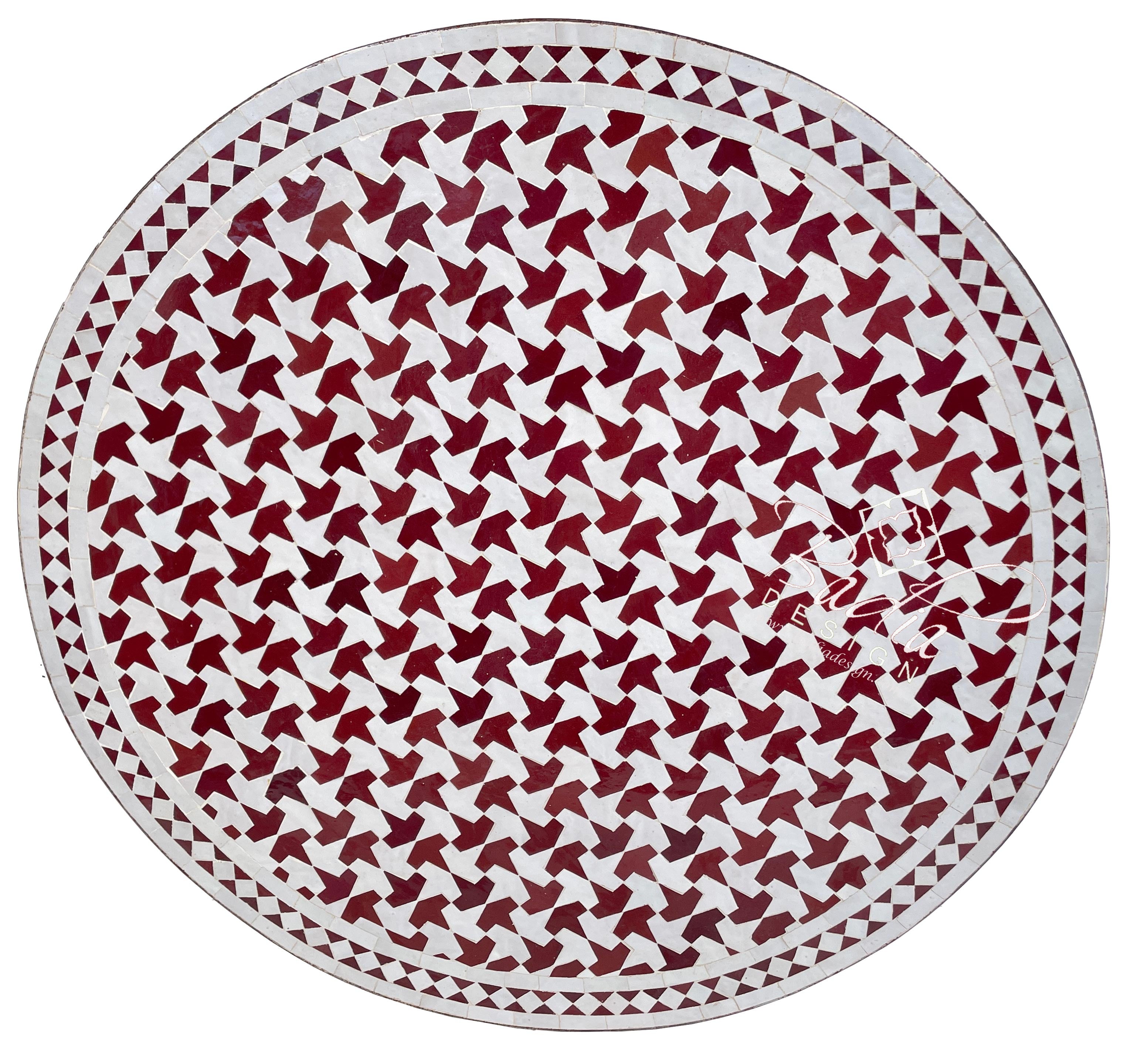 Burgundy and White Moroccan Mosaic Tile Table Top