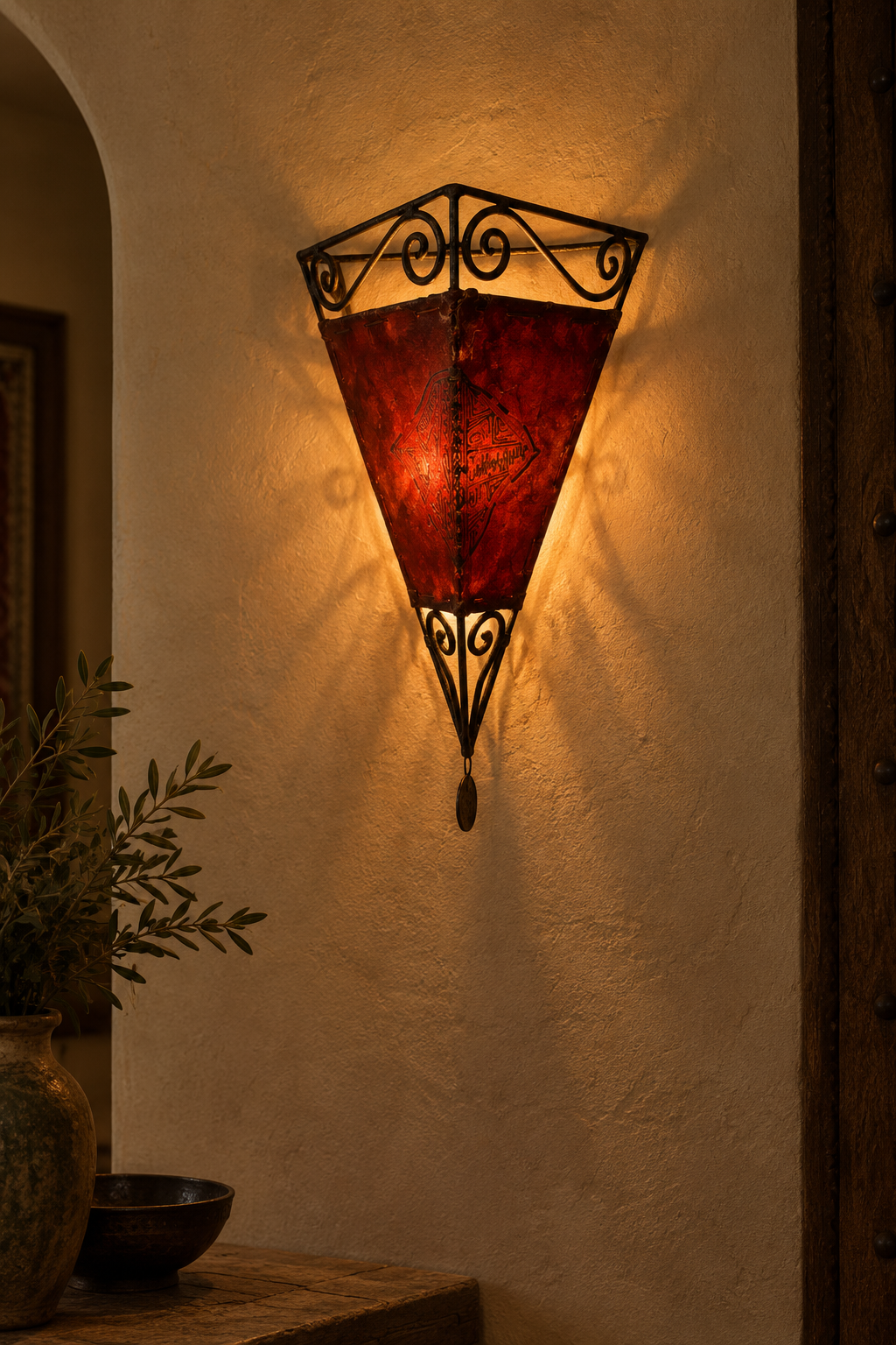 Dyed Henna Sconce with Arched Iron Scrollwork