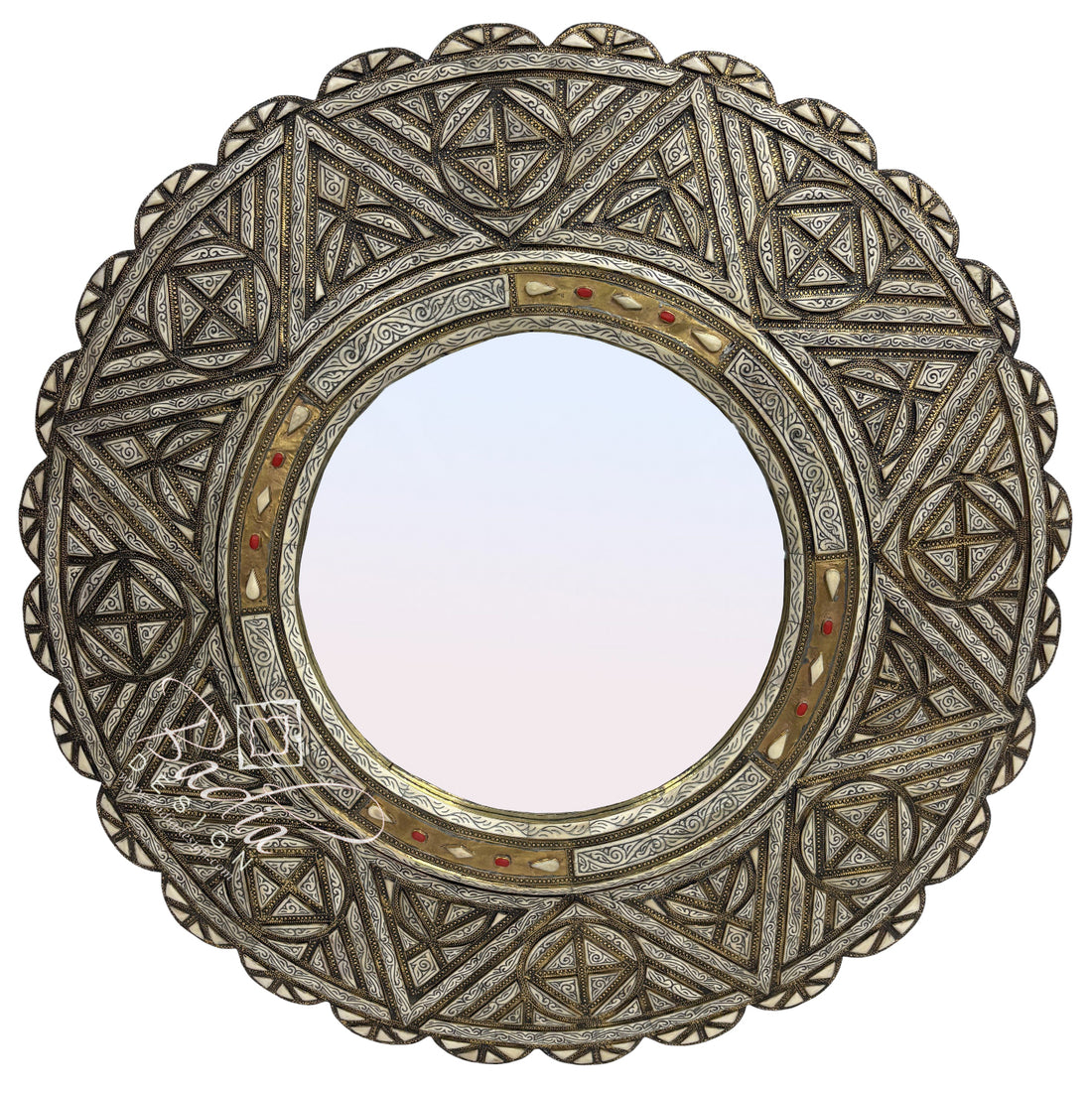 Moroccan Circular Wall Mirror with Metal and Bone Inlay