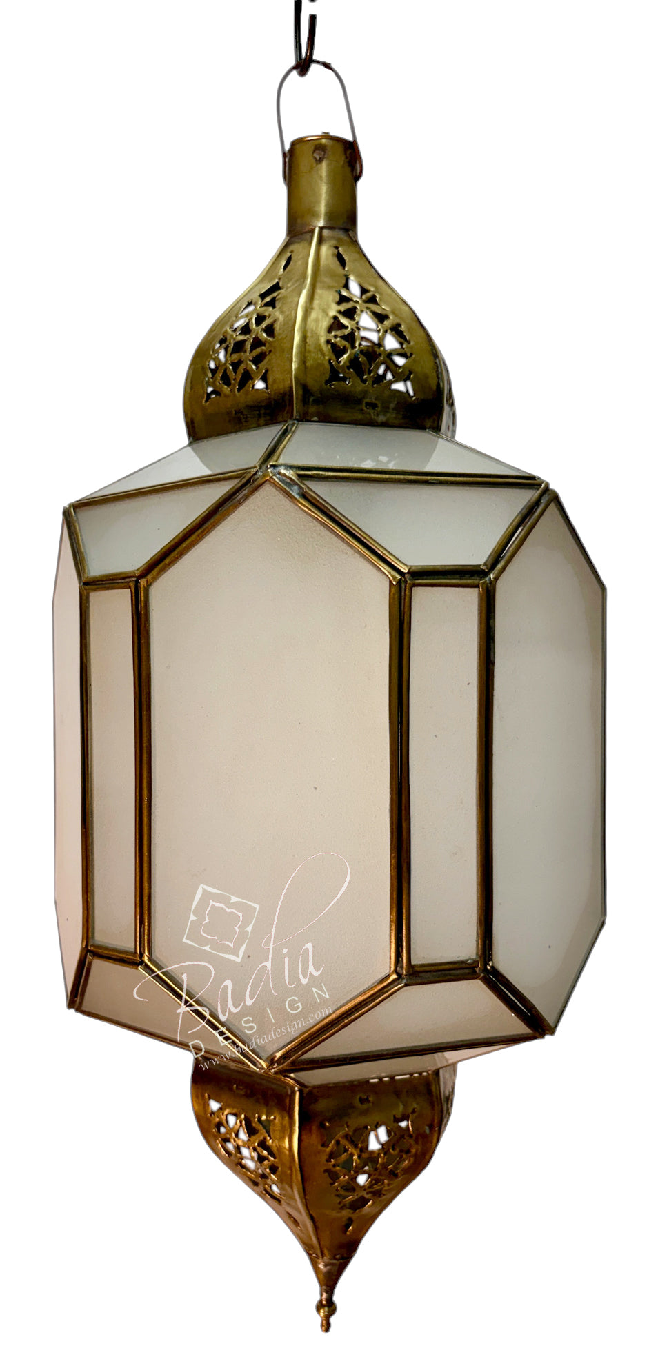 A traditional Moroccan-style hanging lantern with a brass-finished metal frame and translucent off-white glass panels, shown against a plain white background.