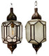 Two traditional Moroccan-style hanging lanterns with dark bronze metal frames and clear glass panels, shown against a plain white background. One lantern is open, displaying an Edison bulb, and the other shows the back with a &