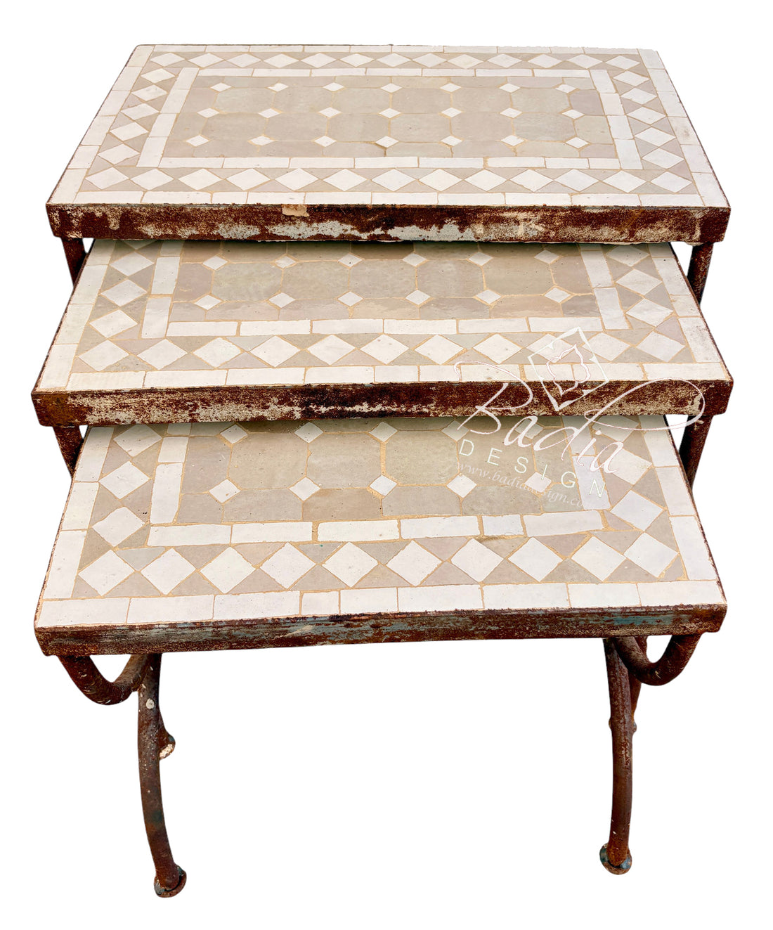 Three nested rectangular nesting tables with distressed brown metal frames and mosaic tile tops in beige, cream, and white diamond patterns.