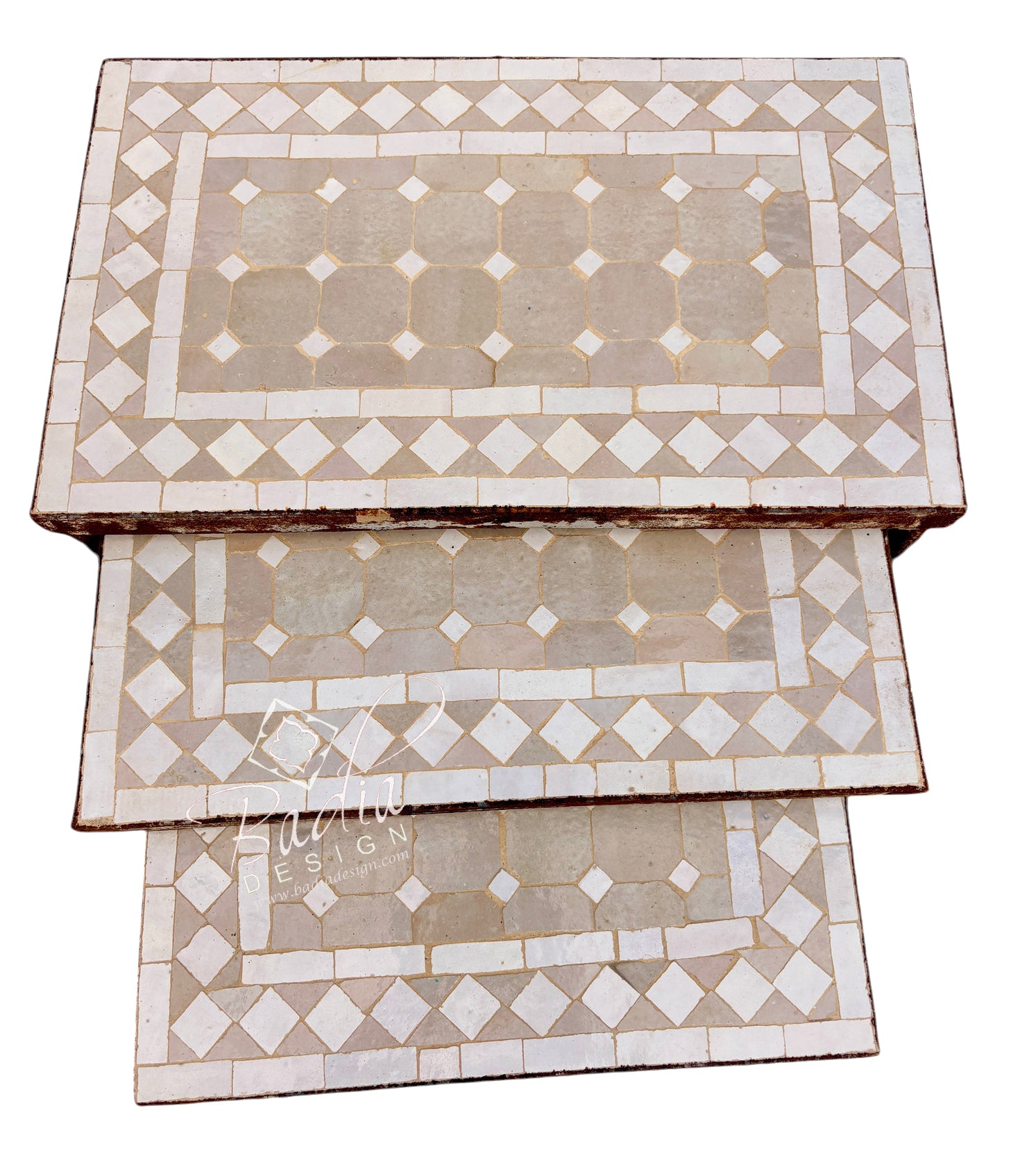 Three rectangular nesting tables stacked vertically, featuring a beige and white mosaic tile design with a geometric diamond pattern.