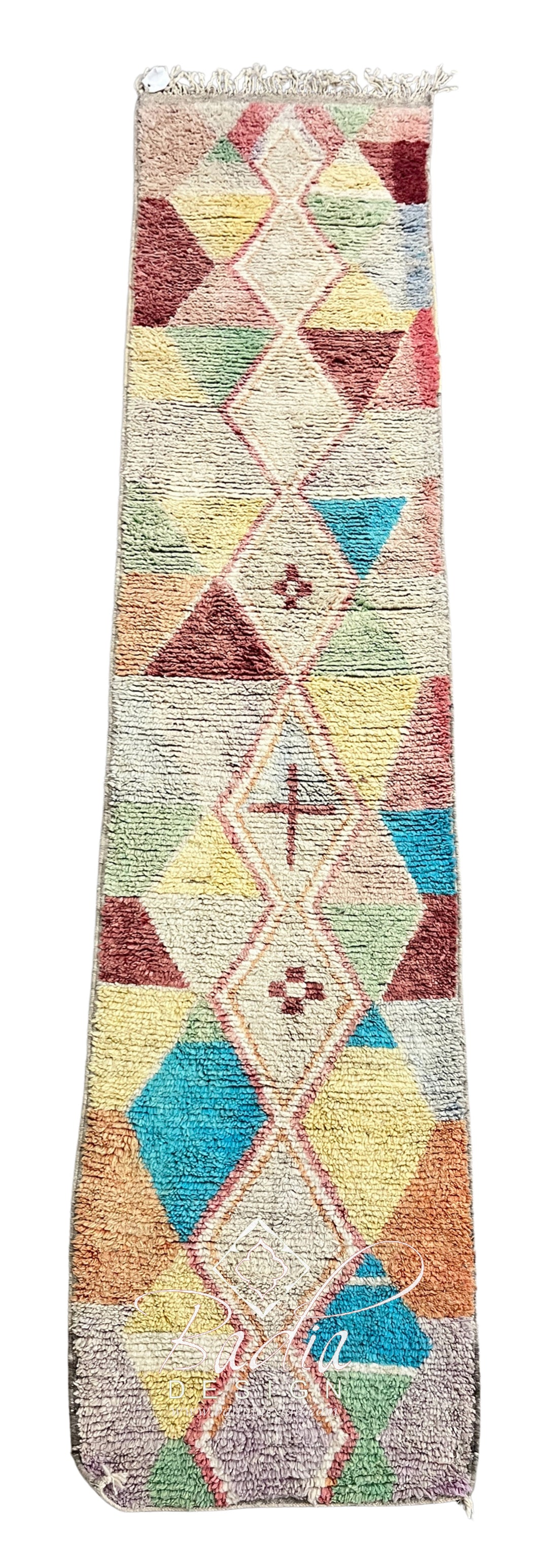 Cream Moroccan Runner Rug with Pastel Geometric Designs