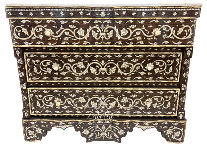 White Mother of Pearl Inlay Dresser with Three Drawers and Dark Stained