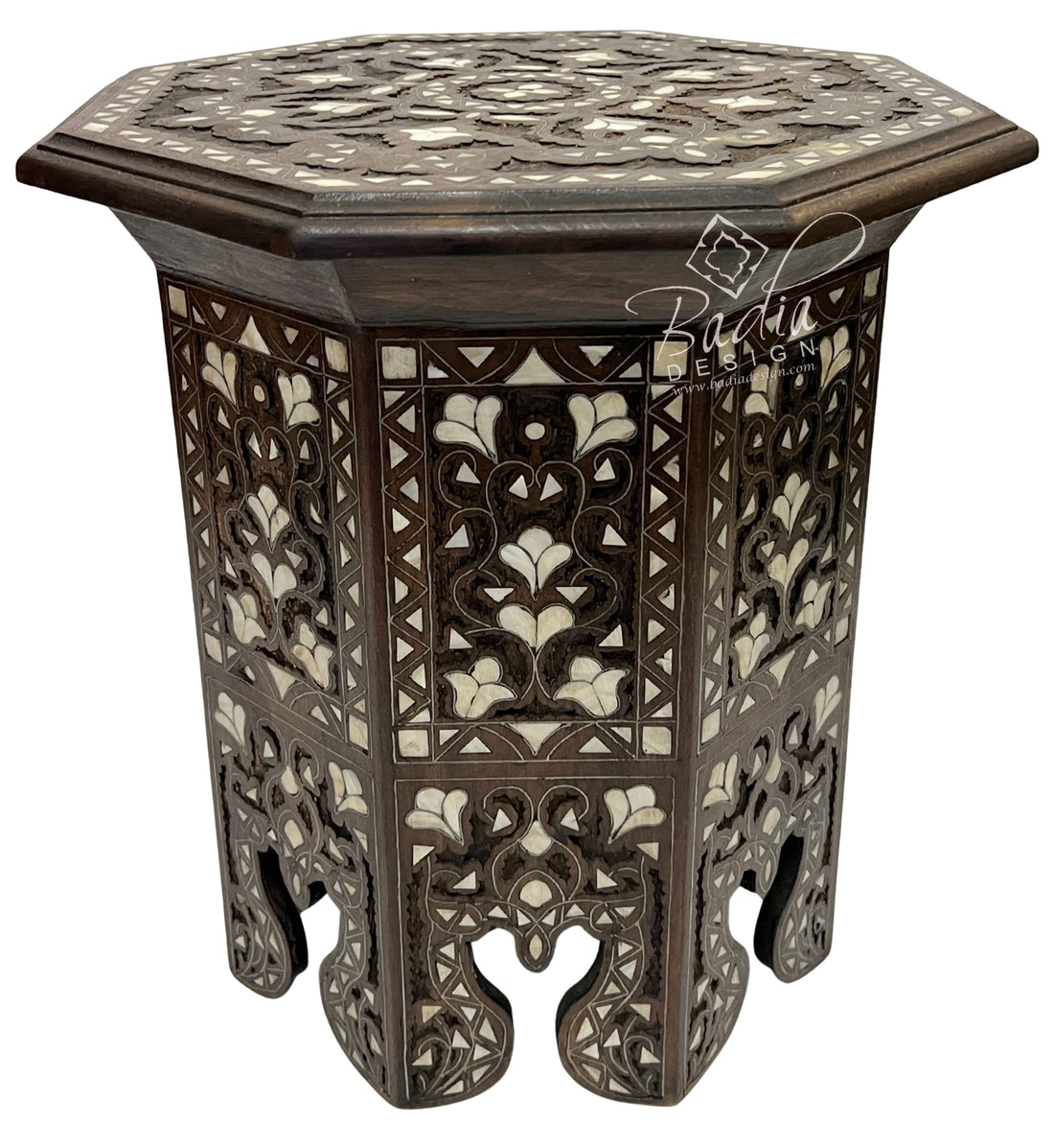Dark Stained Moroccan Side Table with Mother of Pearl Inlay