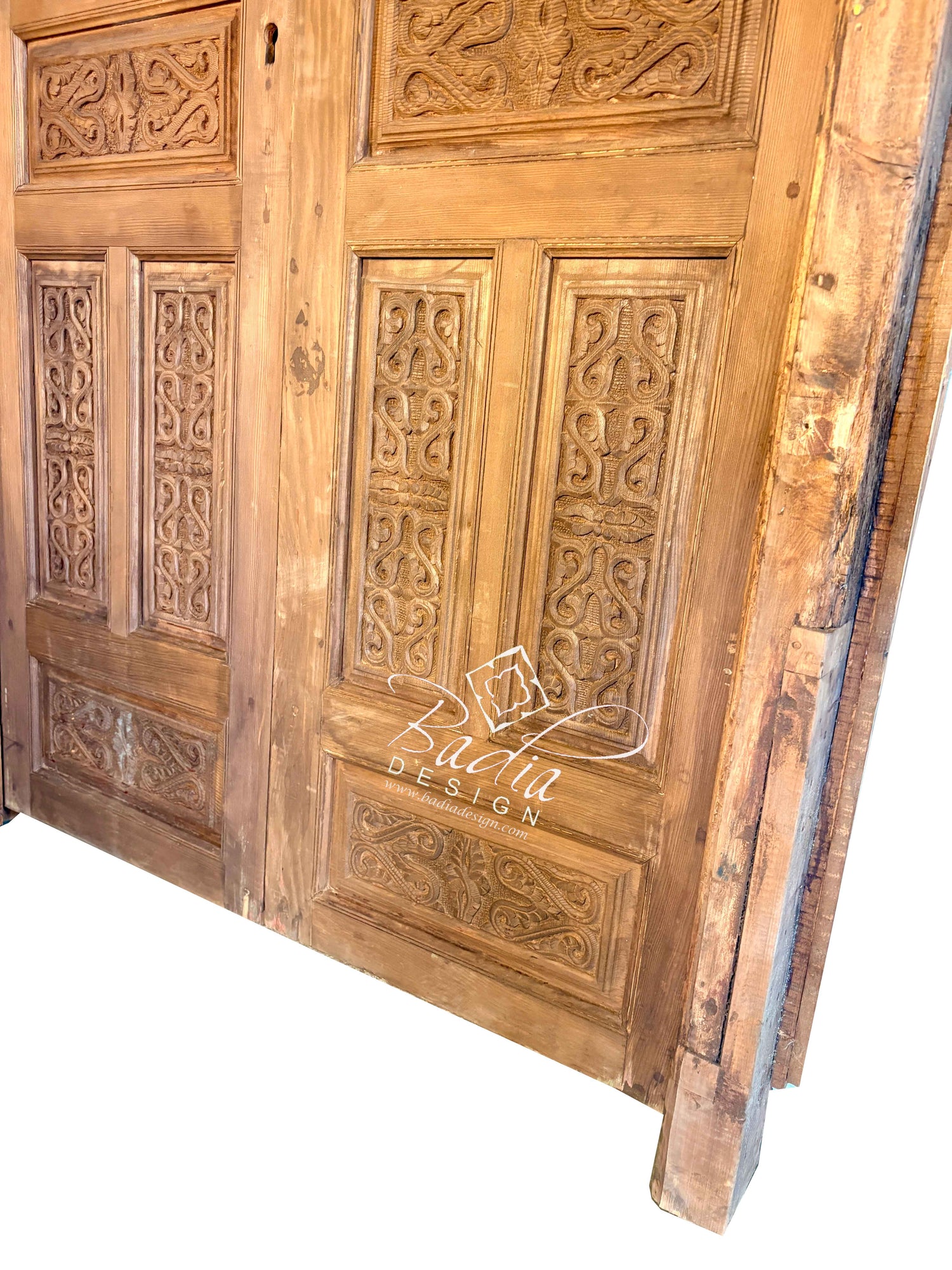 Arched Hand Carved Wooden Double Door with Colored Glass Transom