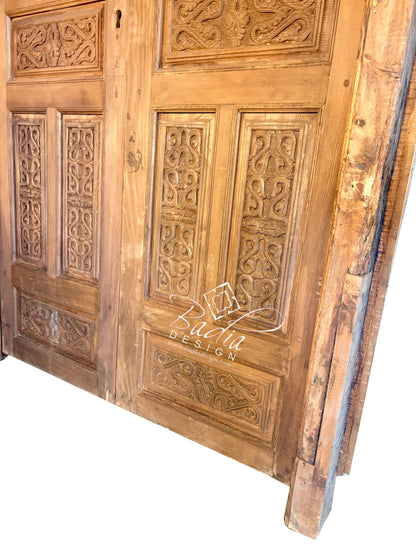 Arched Hand Carved Wooden Double Door with Colored Glass Transom