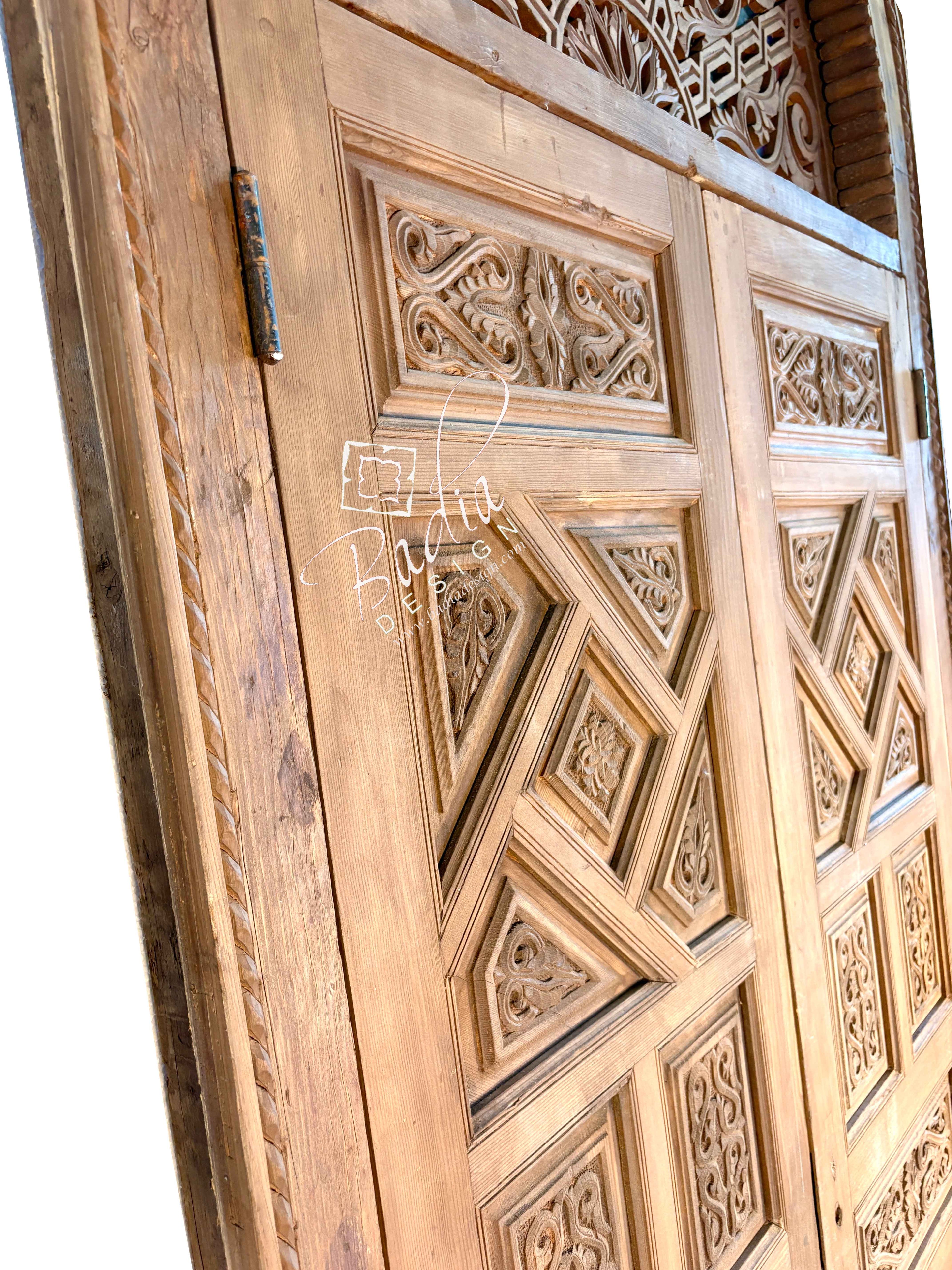 Arched Hand Carved Wooden Double Door with Colored Glass Transom