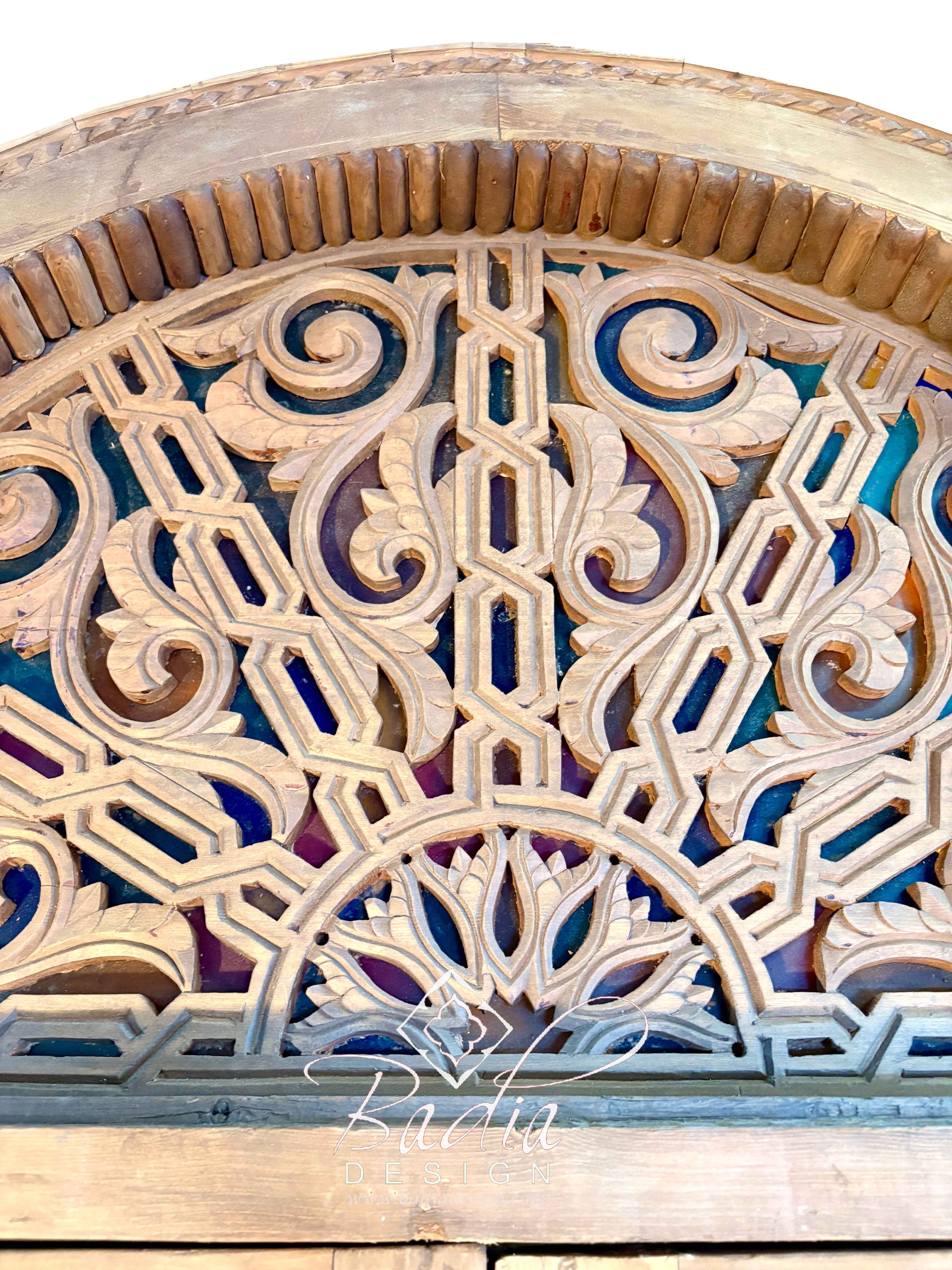 Arched Hand Carved Wooden Double Door with Colored Glass Transom