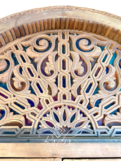 Arched Hand Carved Wooden Double Door with Colored Glass Transom