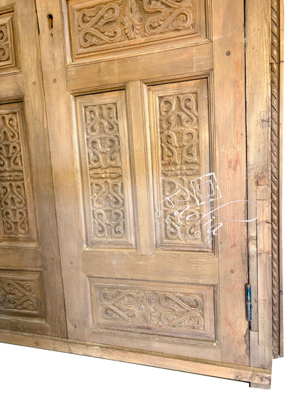 Arched Hand Carved Wooden Double Door with Colored Glass Transom