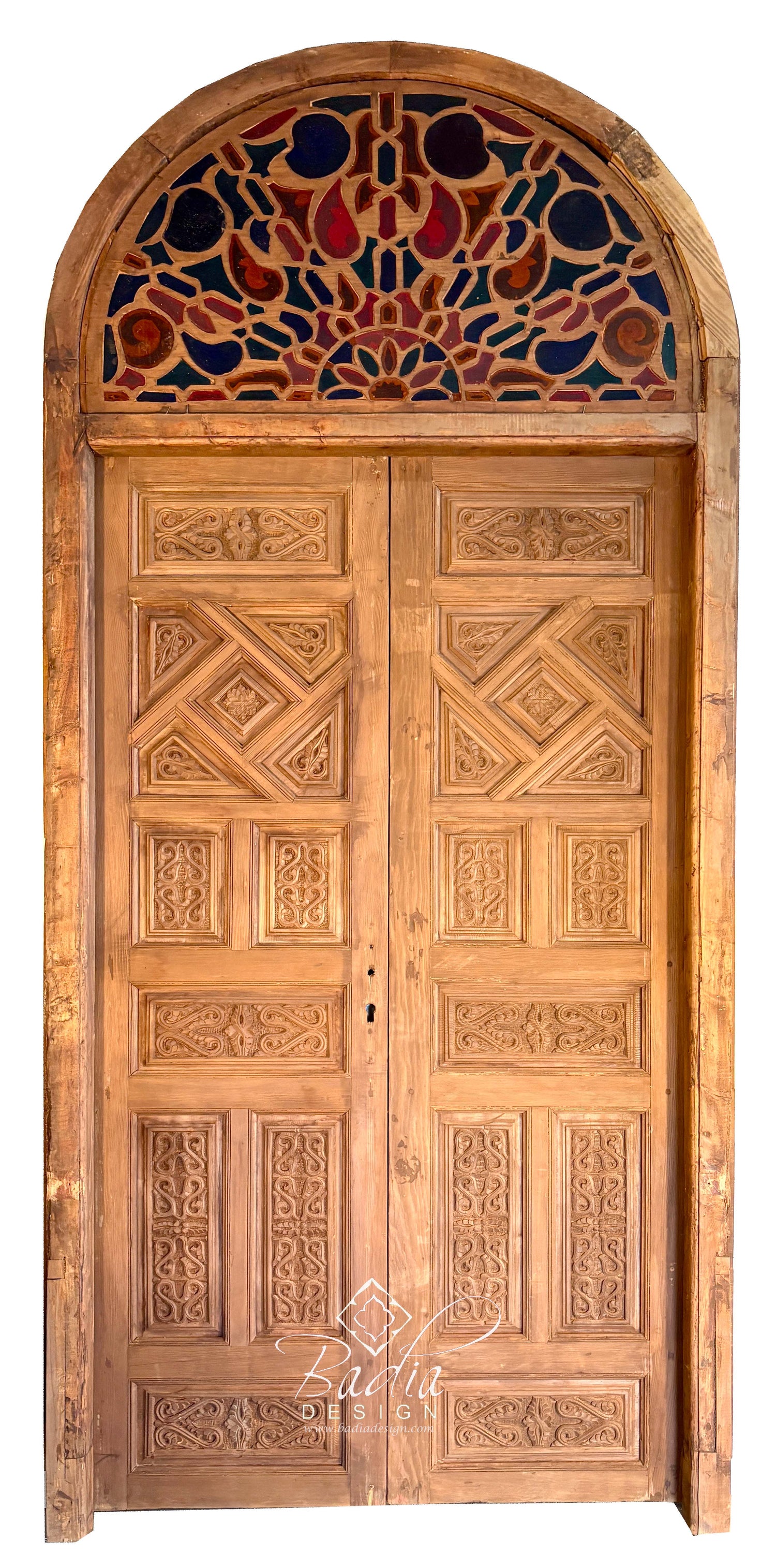 Arched Hand Carved Wooden Double Door with Colored Glass Transom