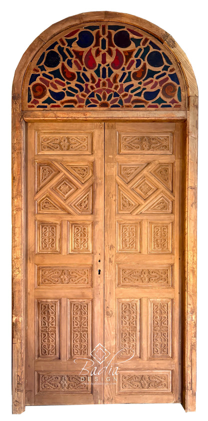 Arched Hand Carved Wooden Double Door with Colored Glass Transom