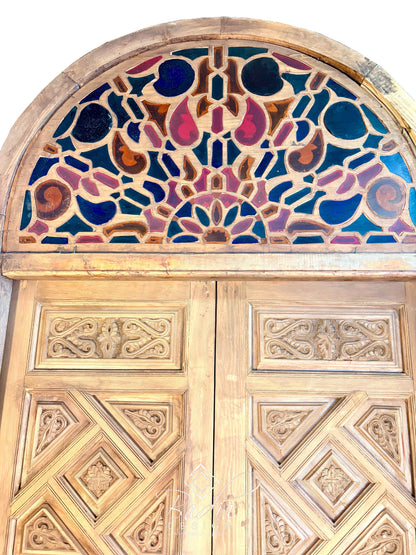 Arched Hand Carved Wooden Double Door with Colored Glass Transom