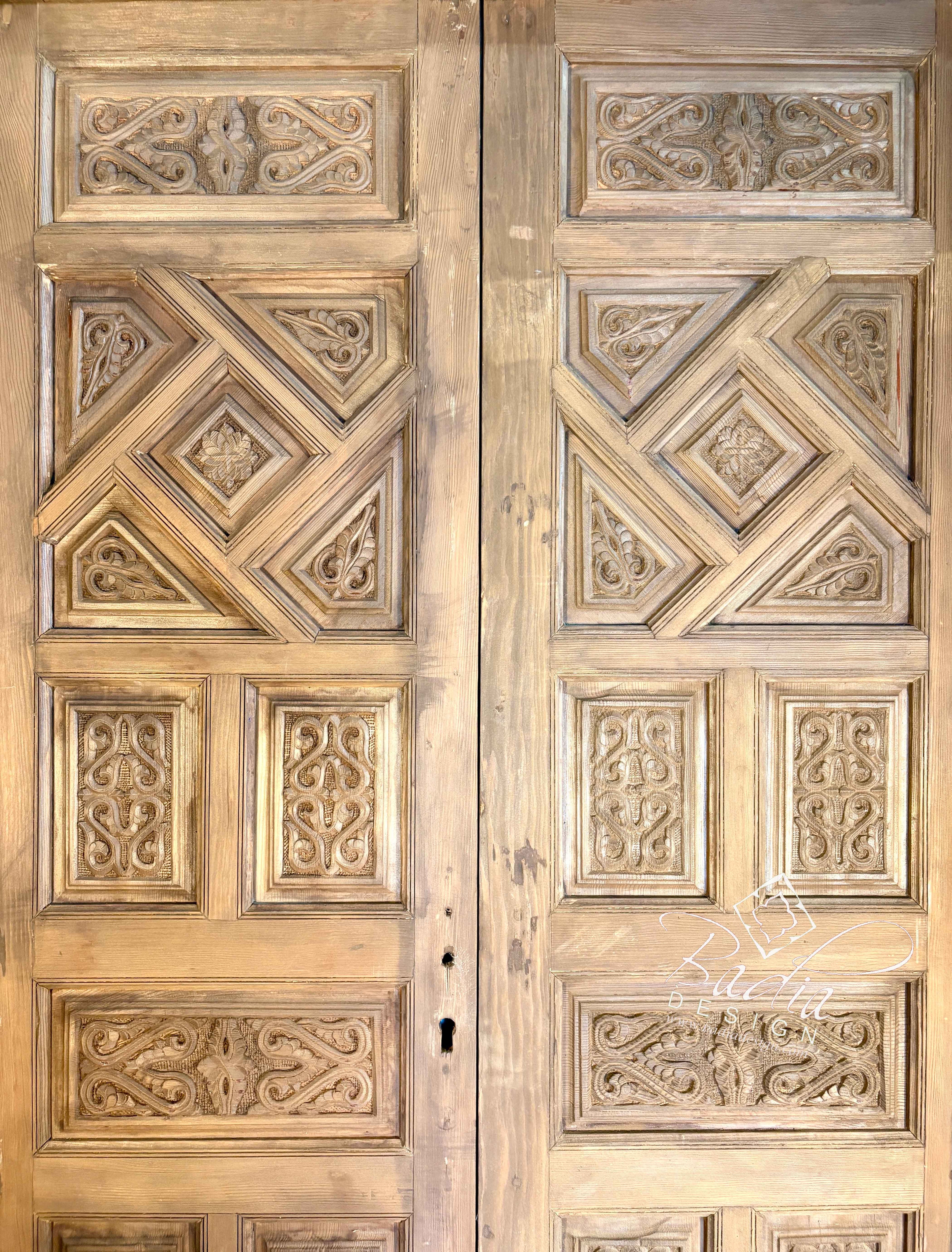 Arched Hand Carved Wooden Double Door with Colored Glass Transom