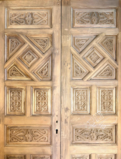 Arched Hand Carved Wooden Double Door with Colored Glass Transom