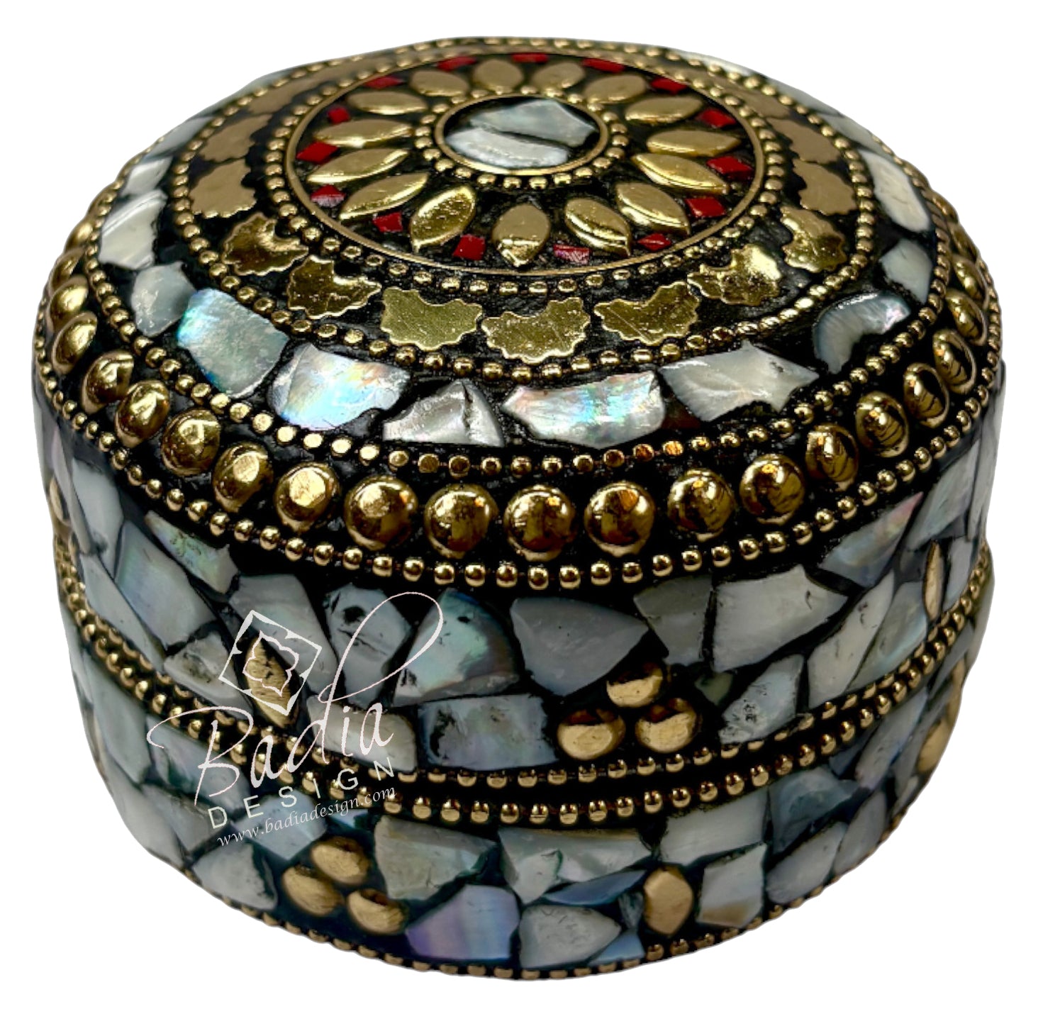 Round Moroccan Decorative Container with White Resin and Gold Metal Accents