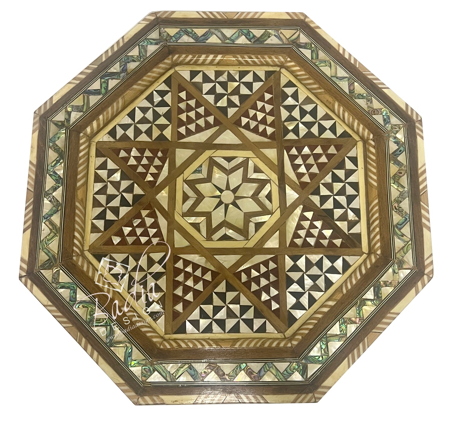 Decorative wooden table top with geometric pattern on a white background
