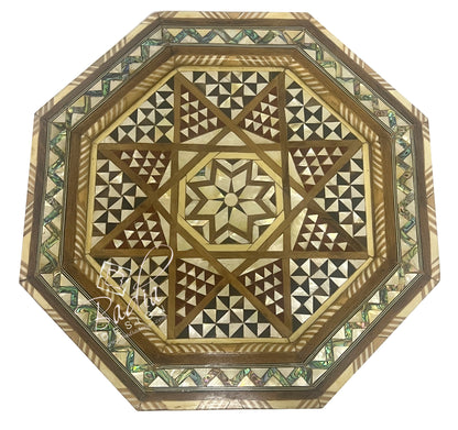 Decorative wooden table top with geometric pattern on a white background