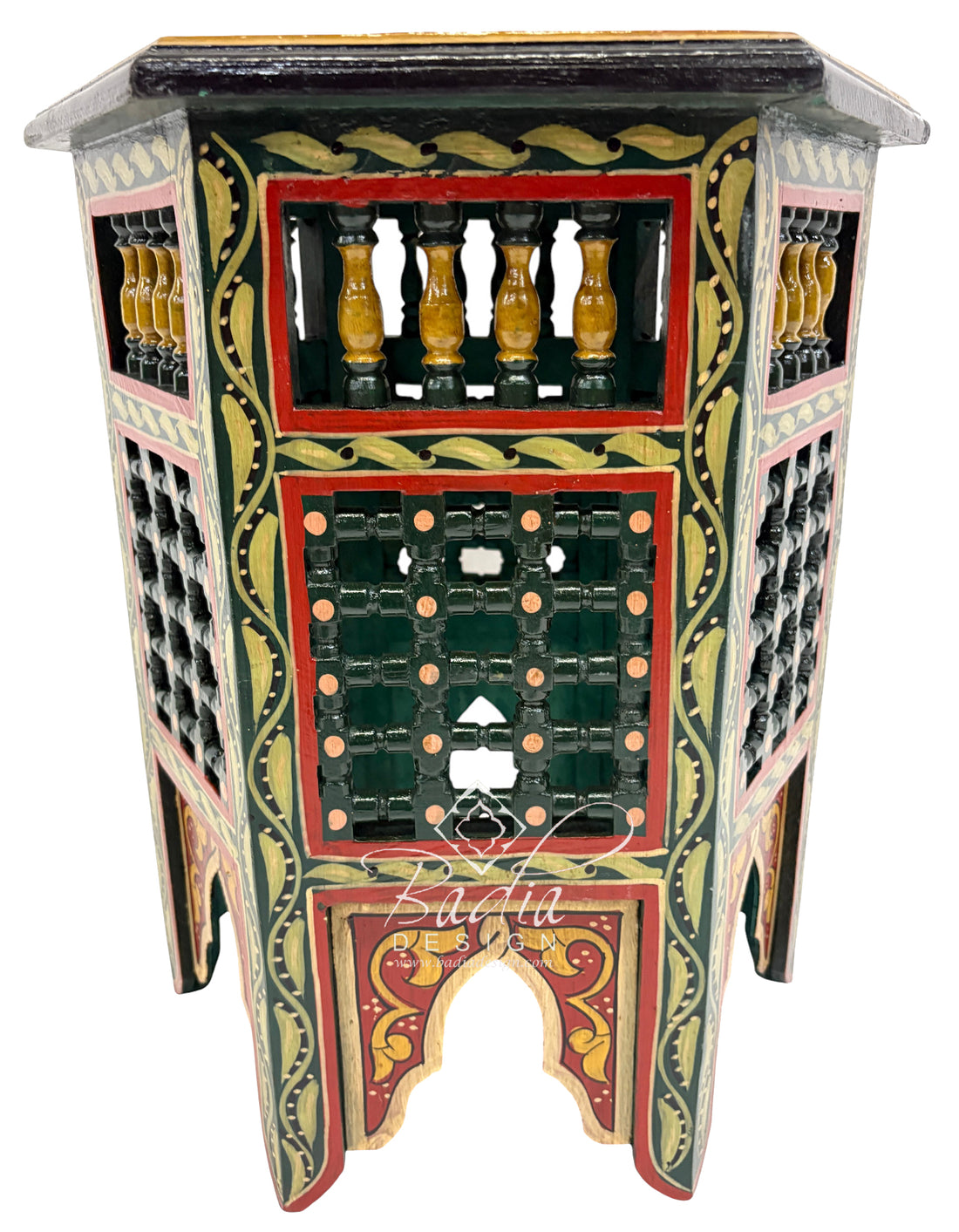 Decorative Moroccan Hand Painted Side Tables with Moucharabieh Wood Design green base color