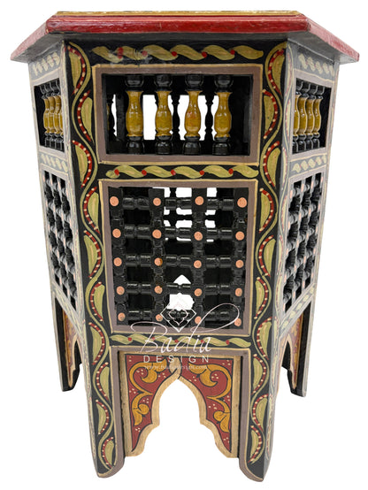 Decorative Moroccan Hand Painted Side Tables with Moucharabieh Wood Design frontal view