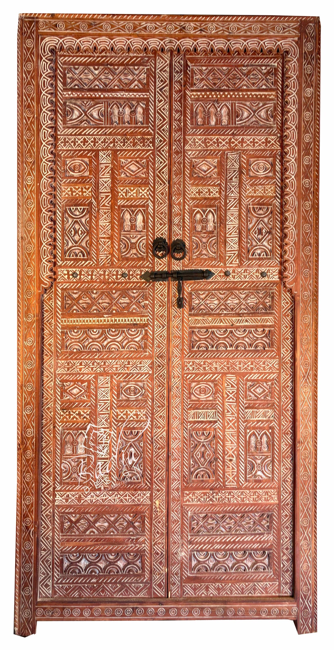 Moroccan Hand Carved Wooden Double Door with Geometric Detail
