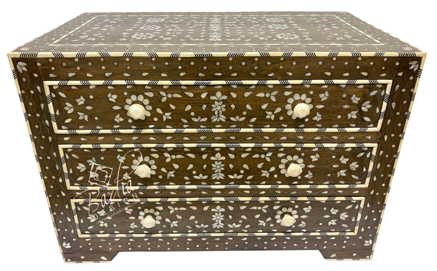 Moroccan Deep Brown and Ivory Off-White Mother of Pearl Inlay Dresser from Badia Design Inc. Moroccan Deep Brown and Ivory Off-White Mother of Pearl Inlay Dresser from Badia Design Inc.