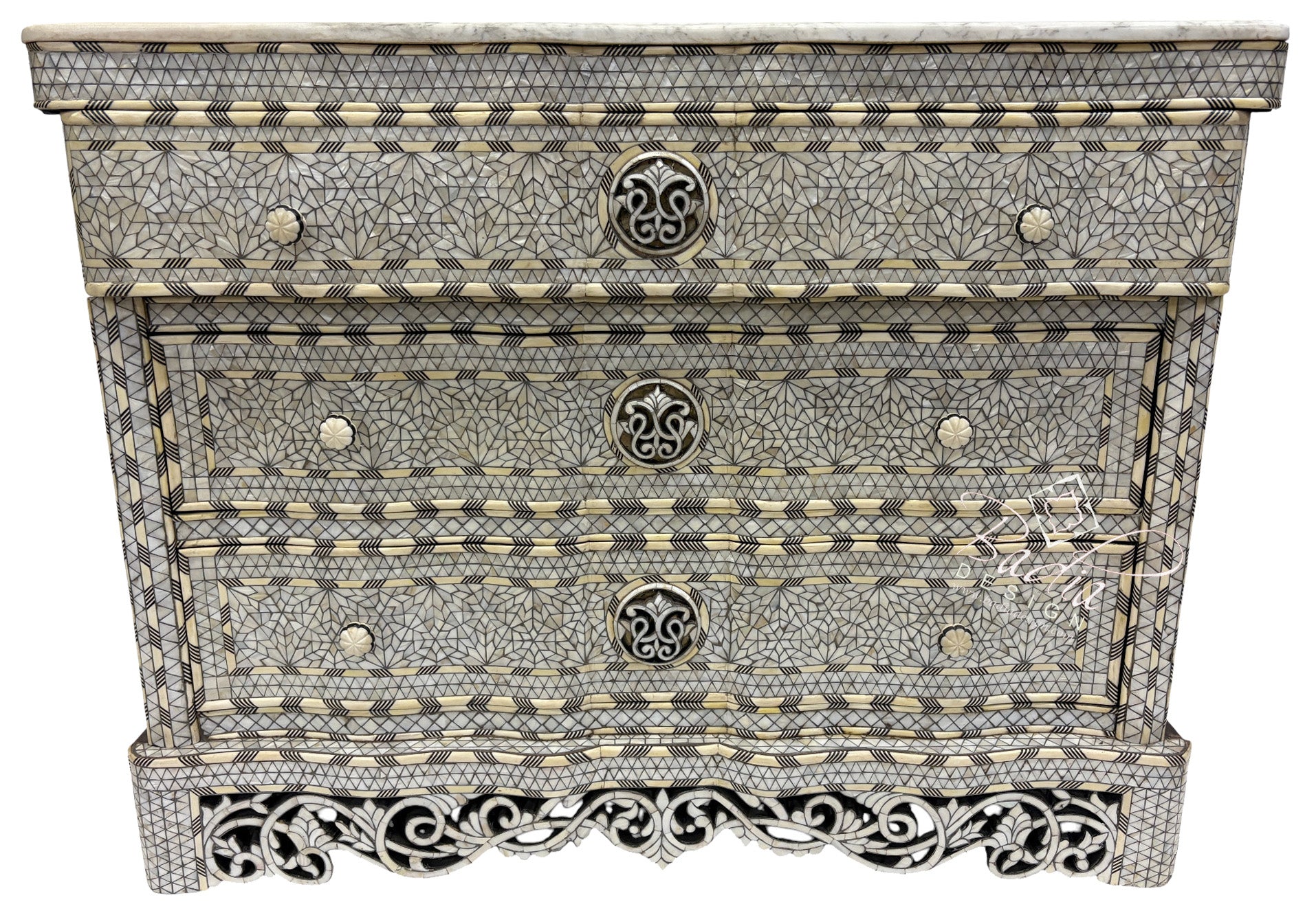 White Mother of Pearl Inlay Three-Drawer Dresser