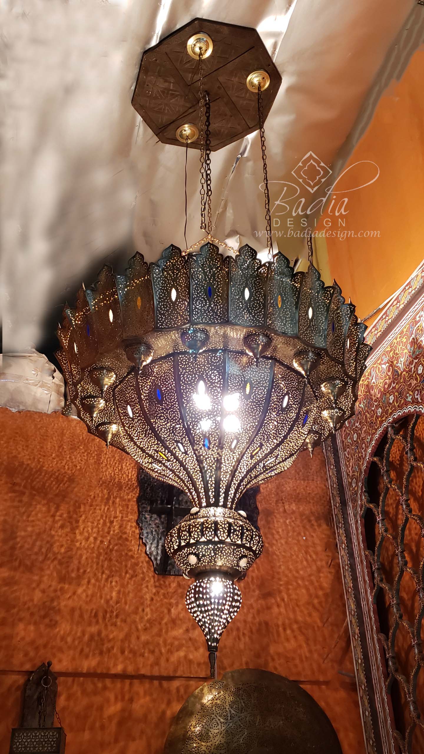 Large Brass Chandelier with Multi Color Glass Eyelets