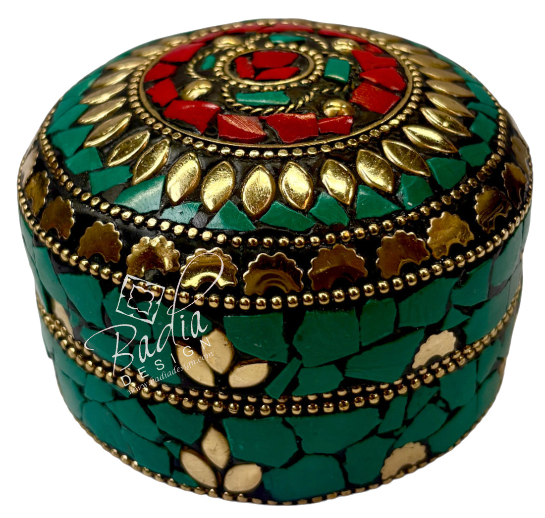 Moroccan Green and Red Resin Container with Gold Metal Detail