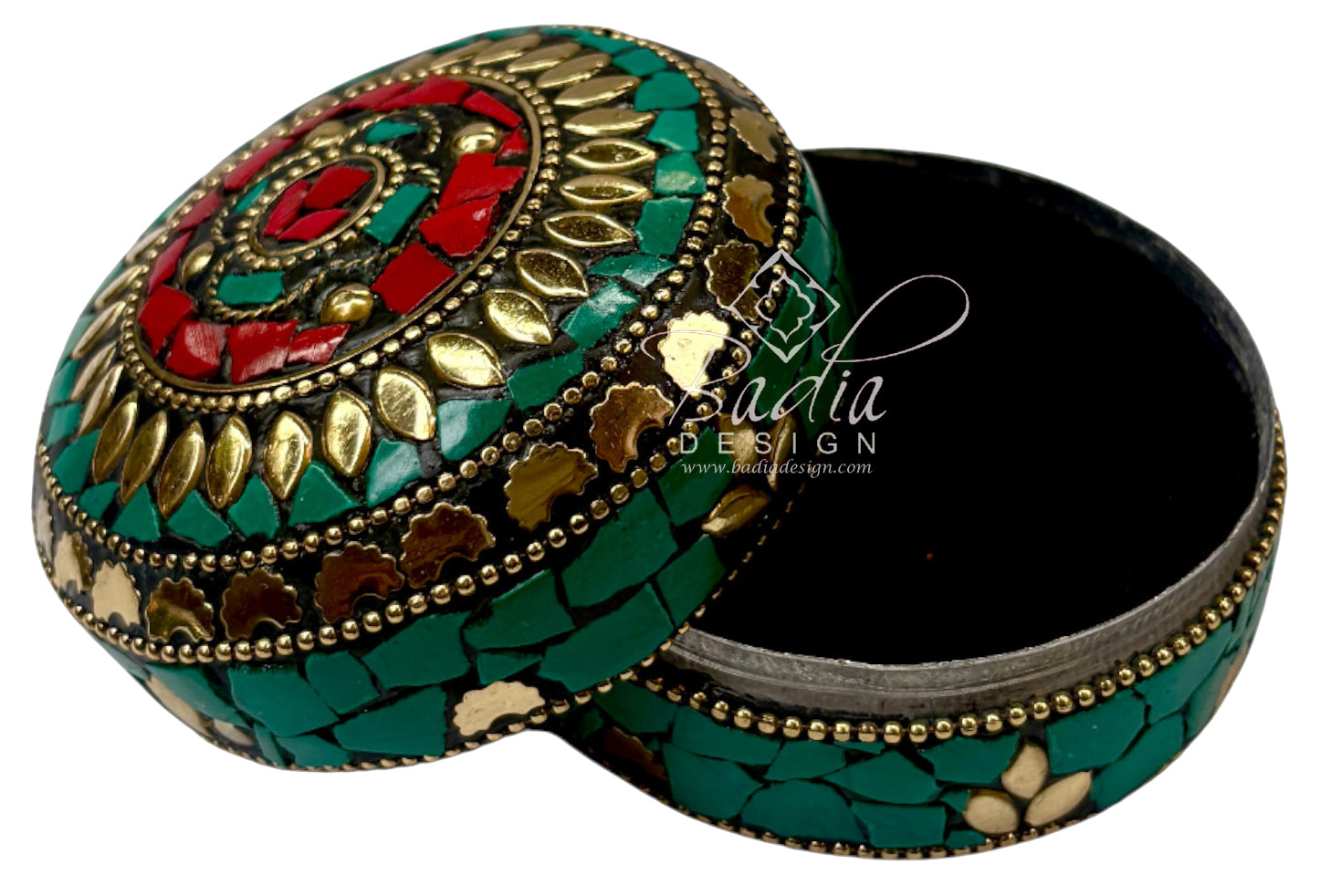 Green and Red Resin Container with Gold Metal Detail