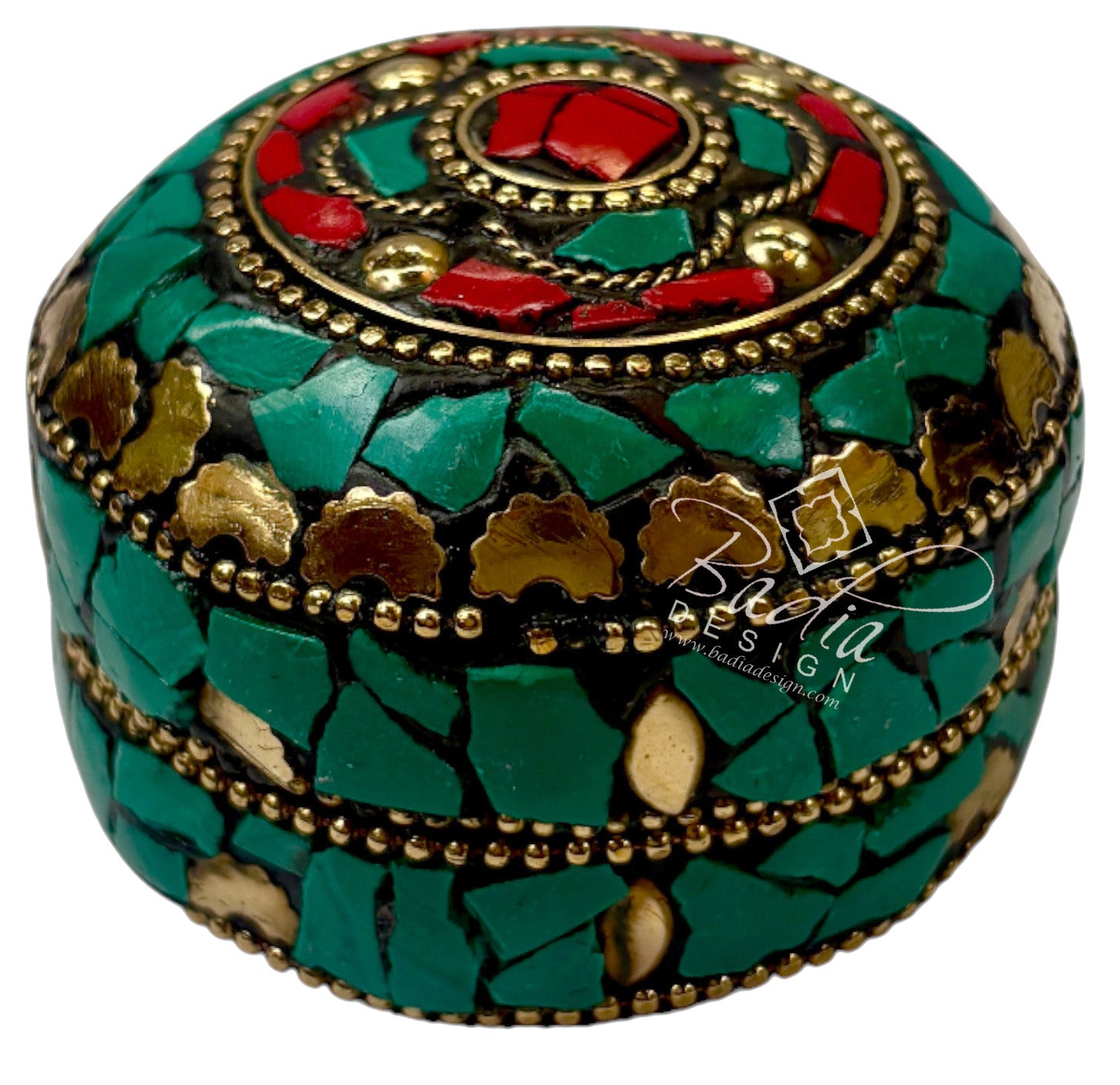 Decorative box with mosaic design featuring gold, red, and green colors on a white background.