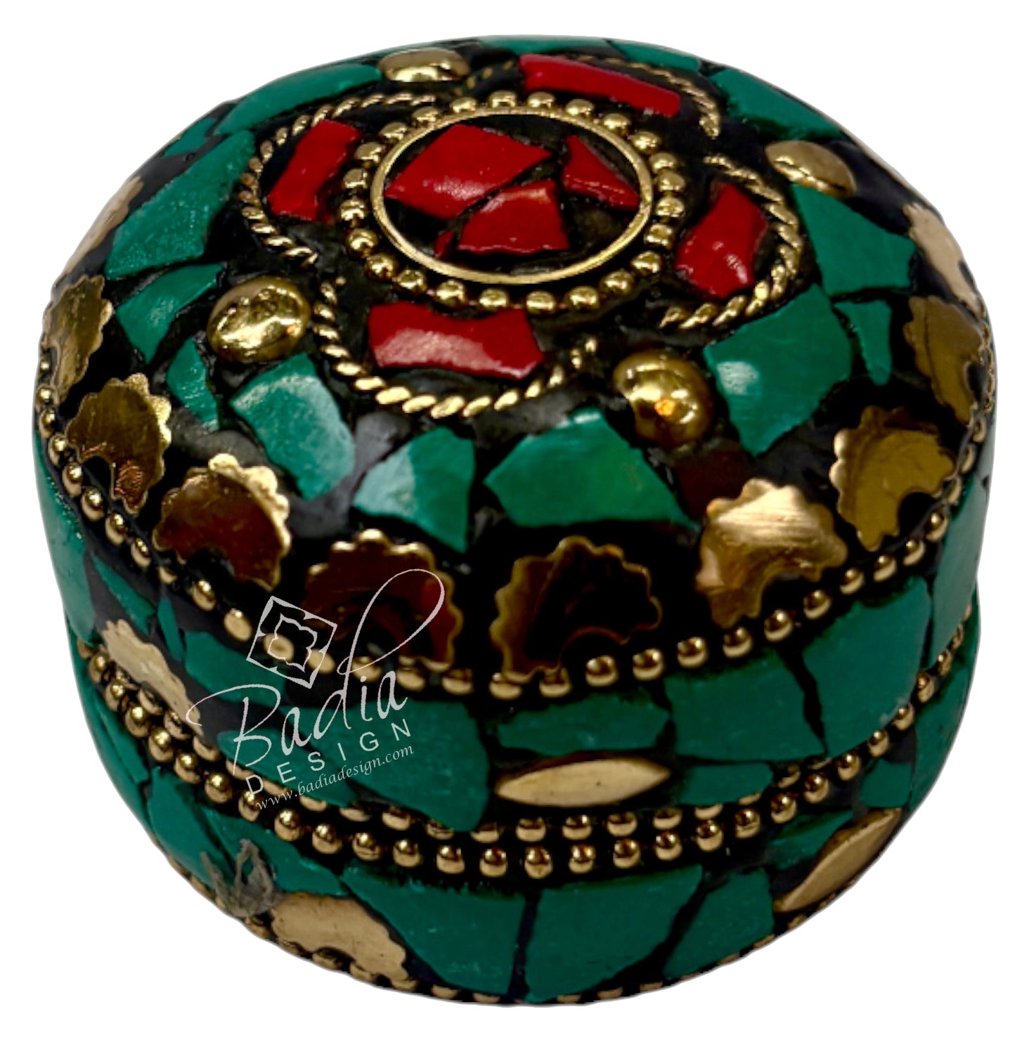 Decorative box with mosaic design featuring green, red, and gold colors on a white background.