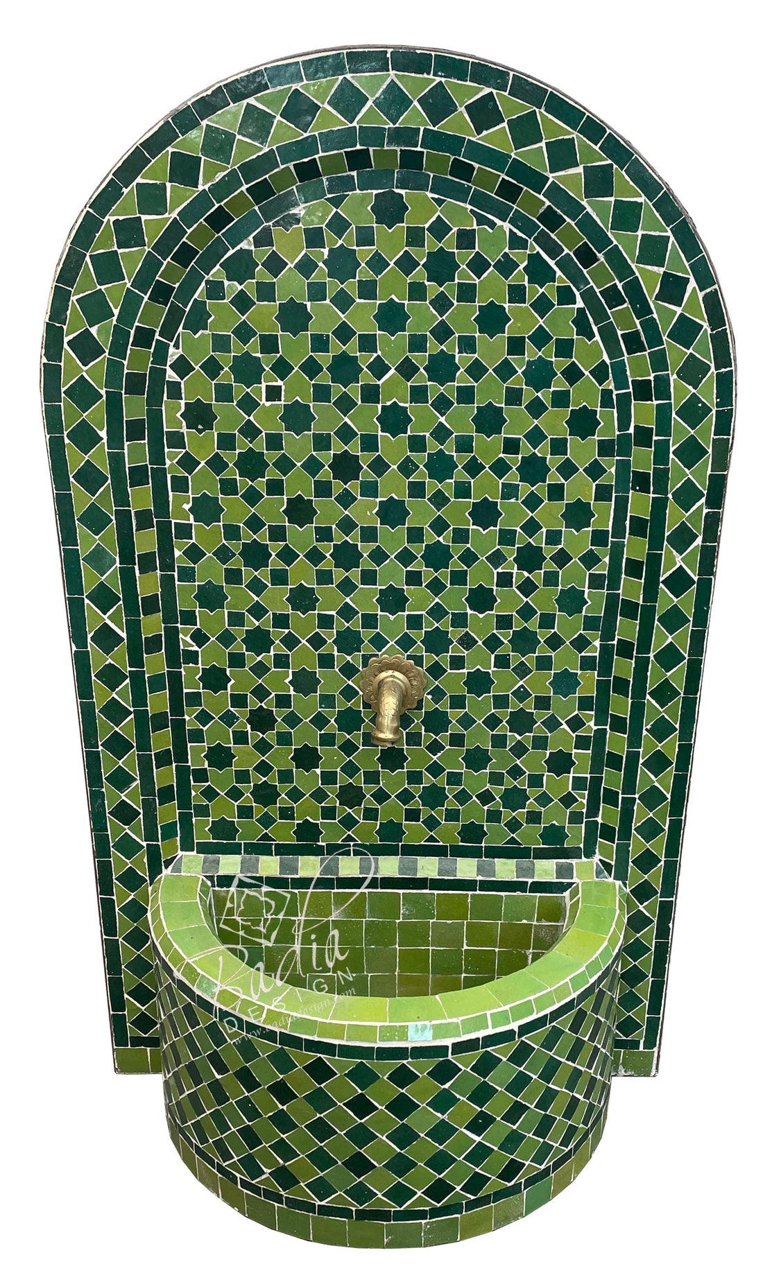 Green Moroccan Mosaic Tile Water Fountain with an Arch Top