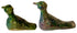 Two small ceramic duck figurines with a textured, glossy finish in green, blue, and brown glazes, shown side by side against a plain white background.