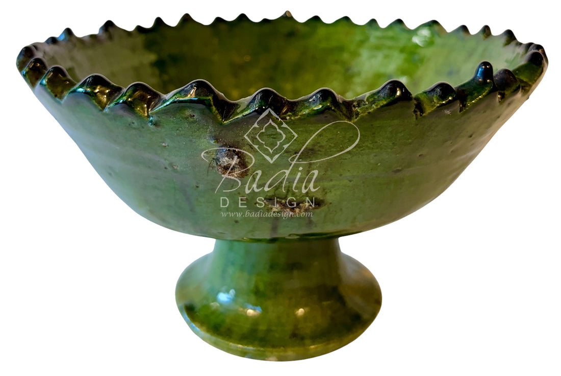 Green Moroccan Tamegroute Pedestal Bowl with Scalloped Rim