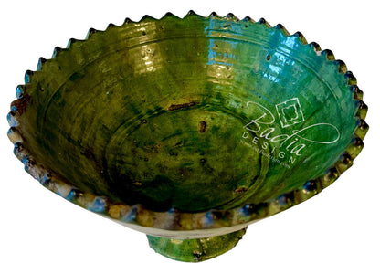 Green Moroccan Tamegroute Pedestal Bowl with Scalloped Rim