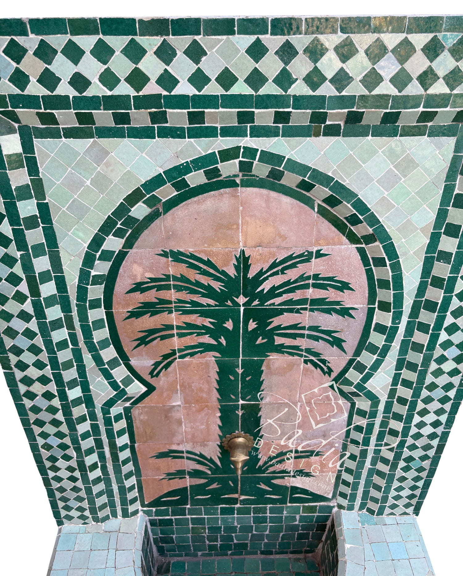 Mosaic design with palm tree and geometric patterns in green and brown colors.