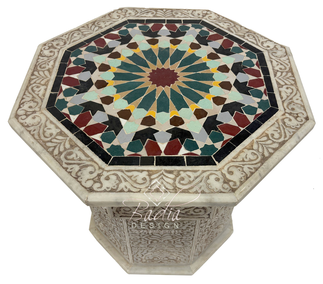 Hand Carved Marble Side Table with Hand Painted Zellige Tile Top