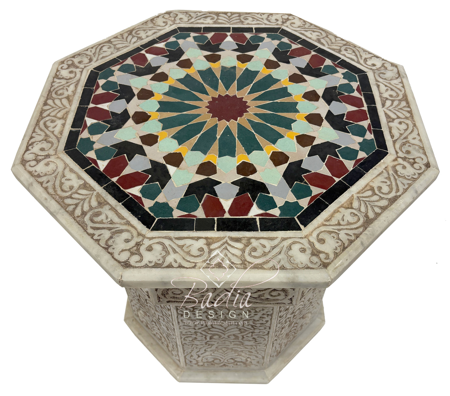 Hand Carved Marble Side Table with Hand Painted Zellige Tile Top