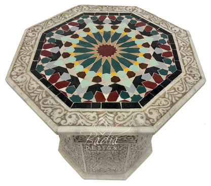 Hand Carved Marble Side Table with Hand Painted Zellige Tile Top