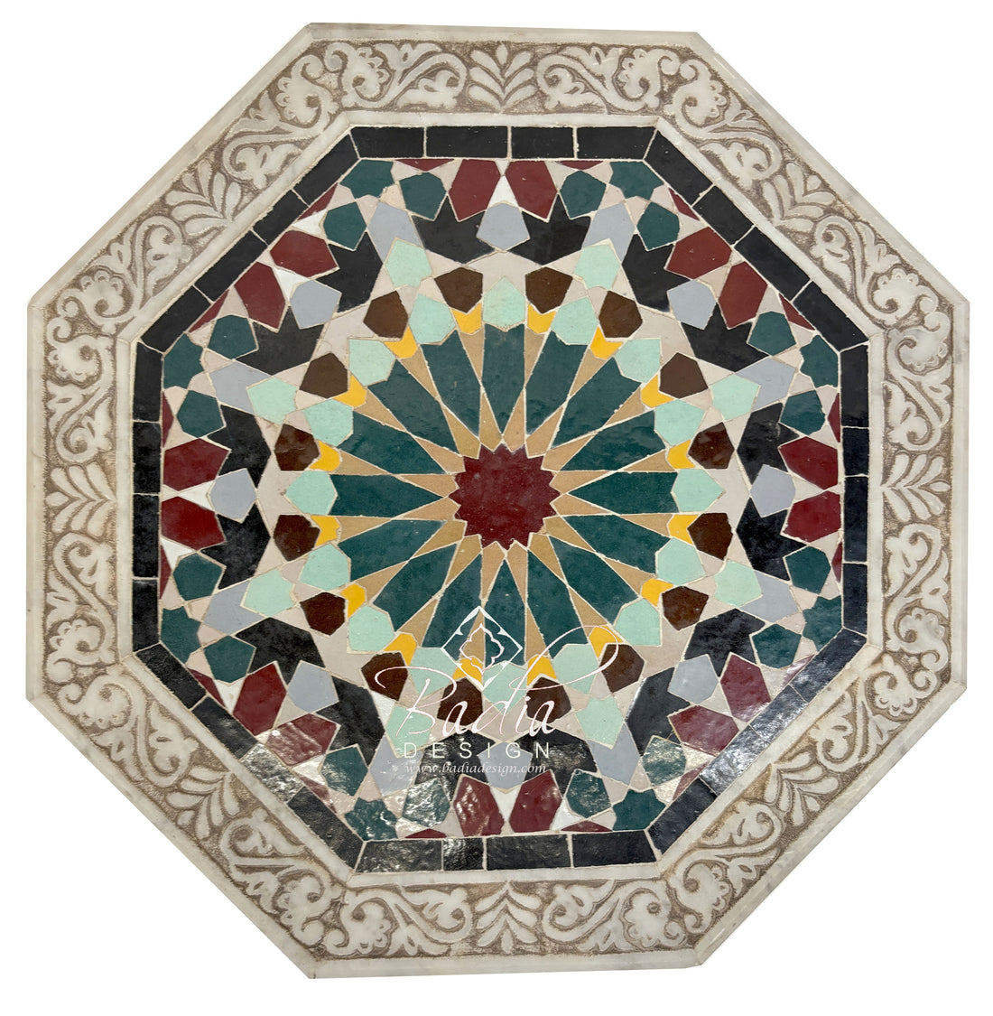 Aerial View of Hand Carved Marble Side Table with Hand Painted Zellige Tile Top