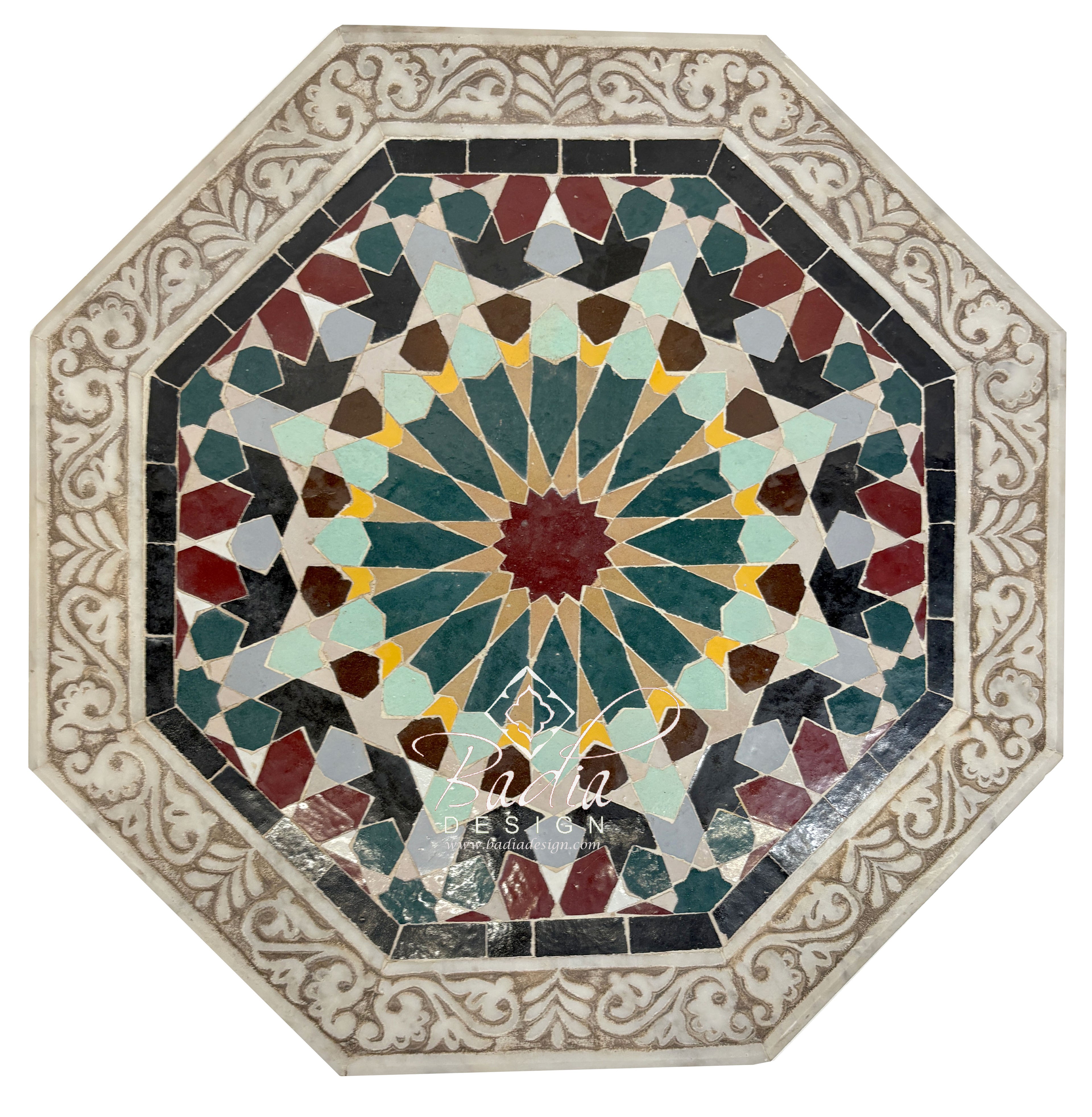 Aerial View of Hand Carved Marble Side Table with Hand Painted Zellige Tile Top