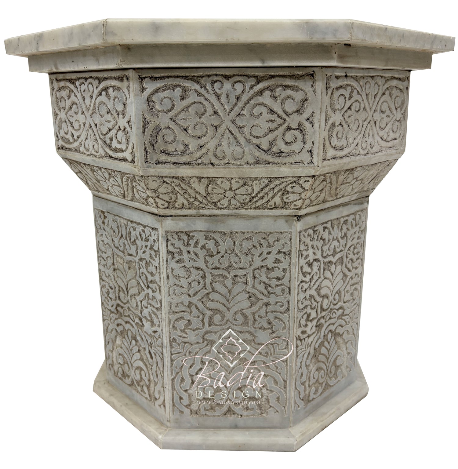 Hand Carved Marble Side Table with Zellige Tile Top